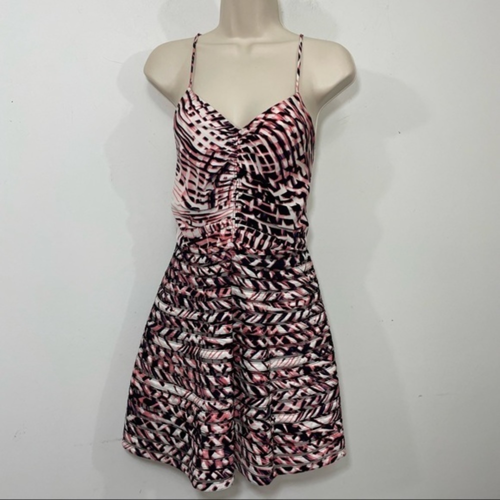 Parker Barbwire Ruched Silk Dress pink blue white XS Fit and Flare